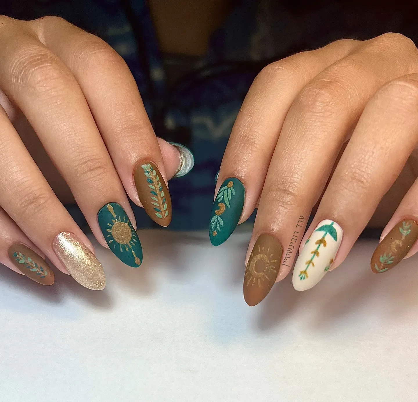 Green and Gold Leaf Art Almond Nails