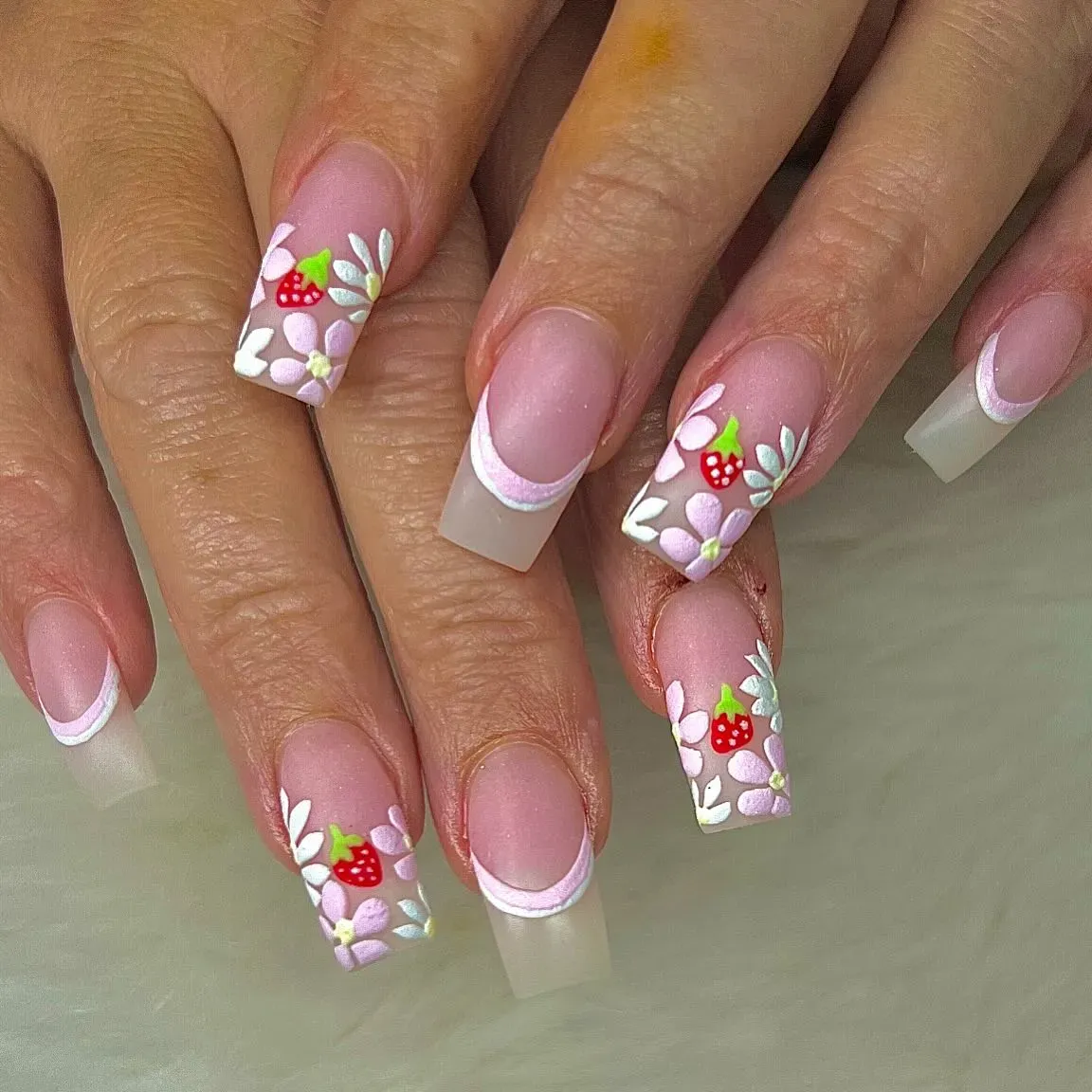 Pink French Tip Square with Floral Art Nails
