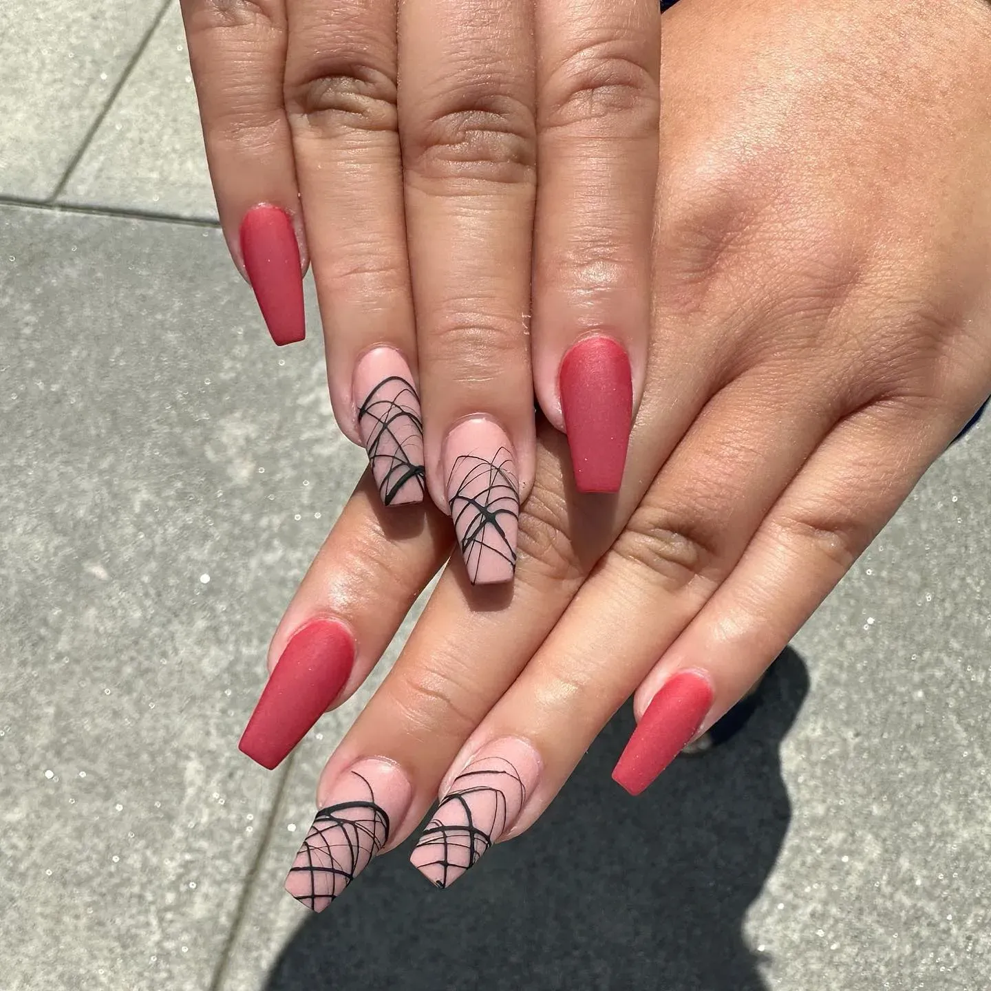 Red and Nude Coffin with Black Line Art Nails