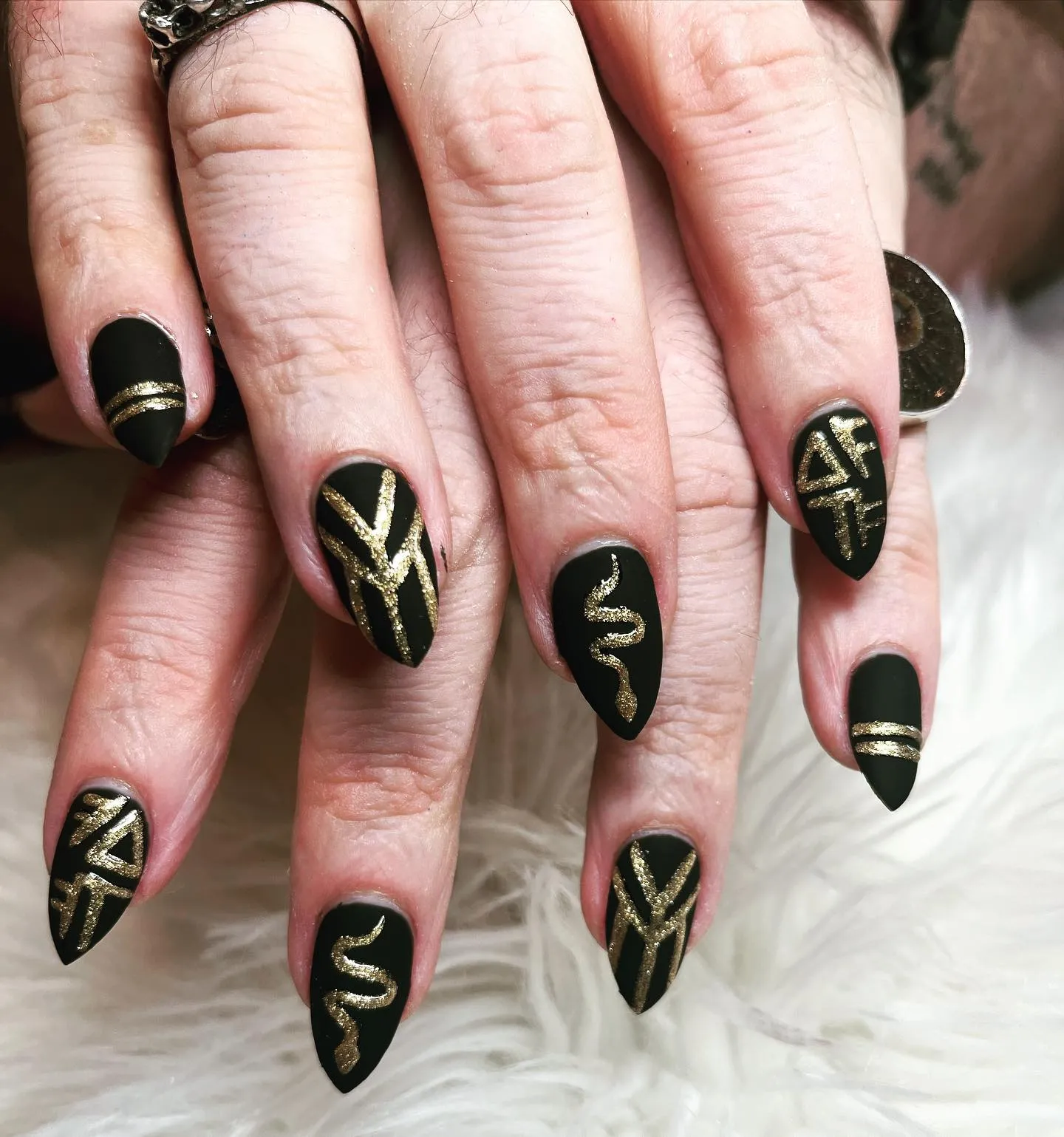 Matte Black With Gold Accent Nails