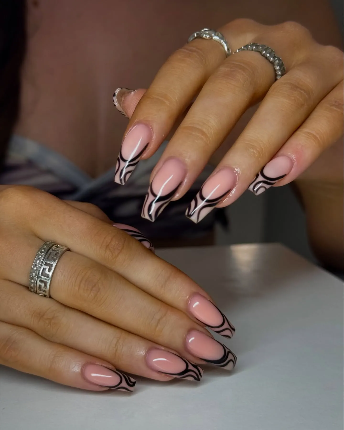 Glossy Black Swirl Ombre Nails