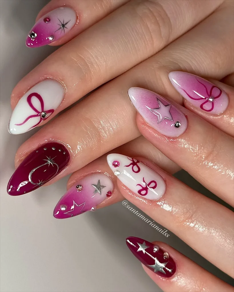 purple christmas almond nails with gold star accents
