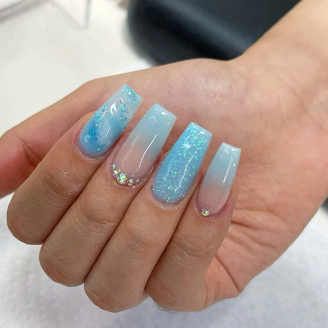 Sky Blue Glitter Nails