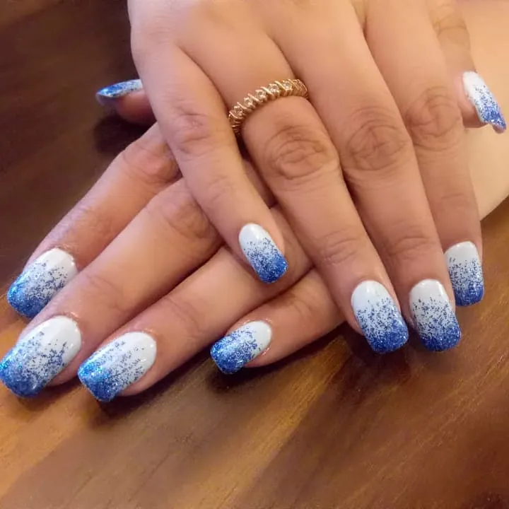 White and Blue Glitter Nails