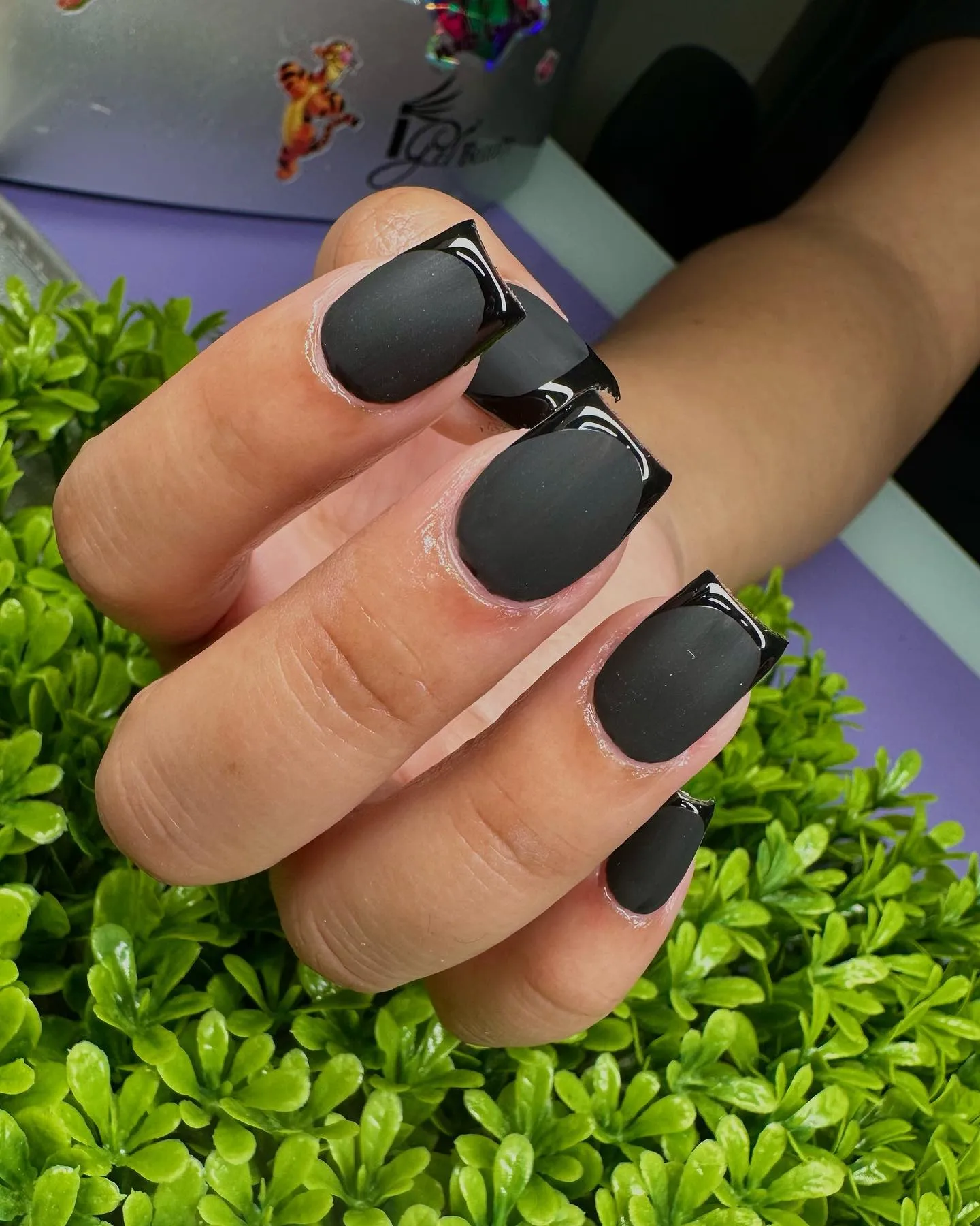 Matte Black with White French Tip Nails