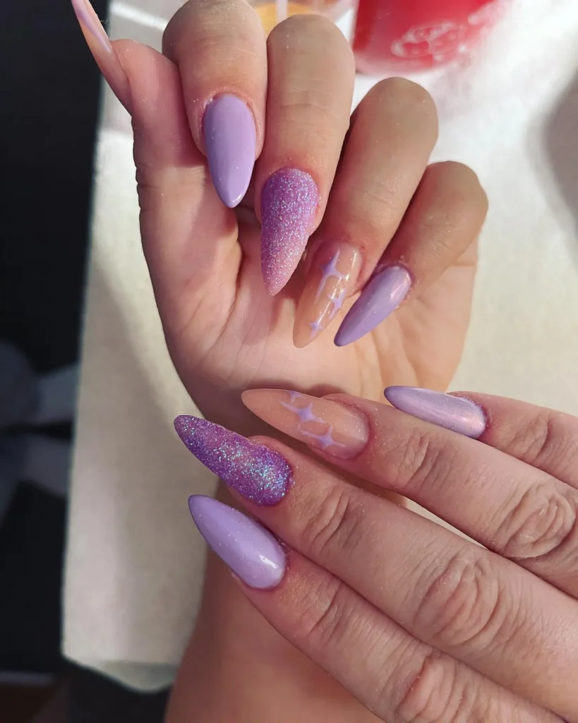 sparkly lavender almond nails with fine glitter