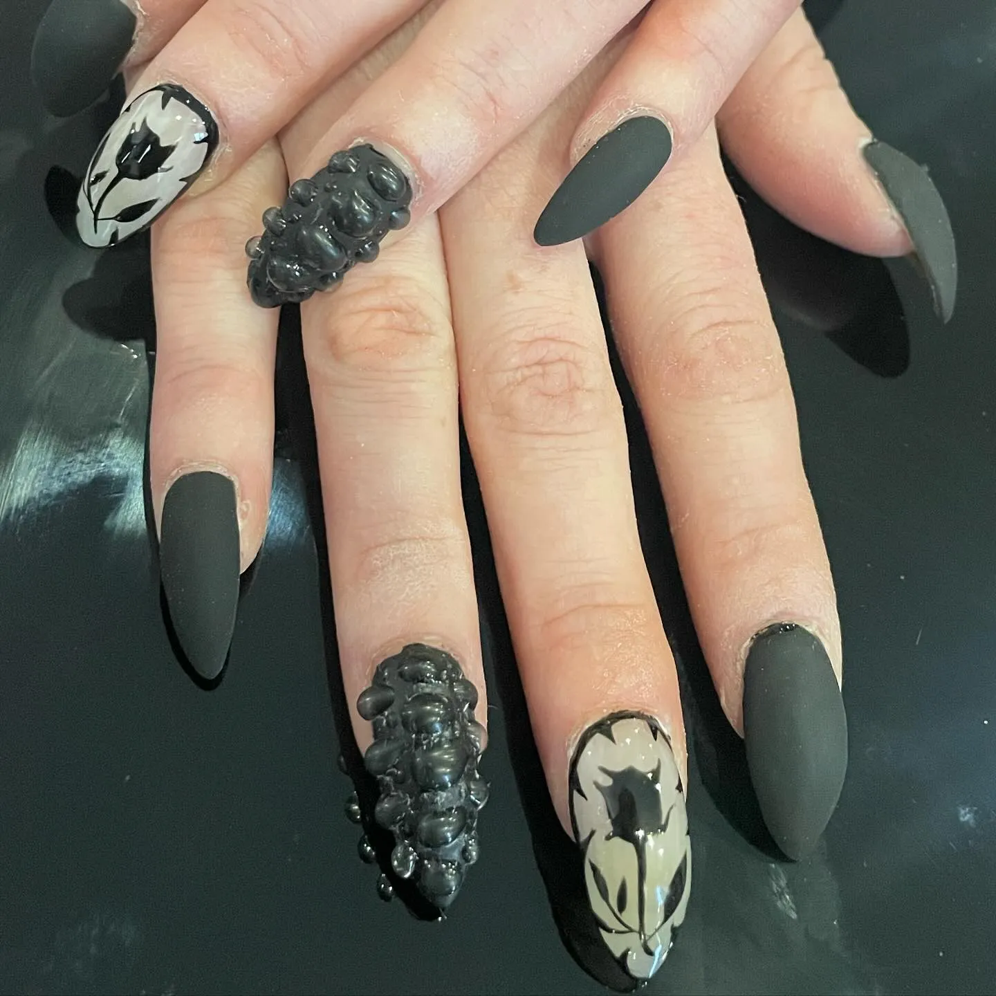 Matte Black with 3D Nail Art