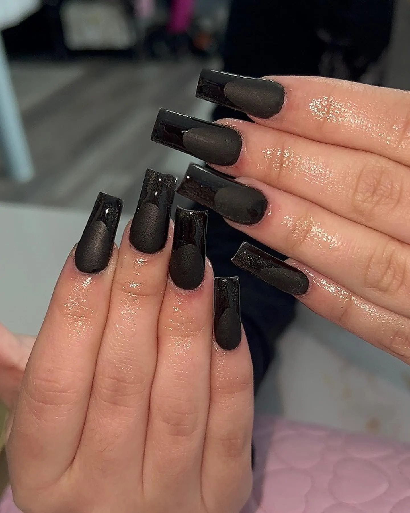 Black Matte Manicure with Glossy Accents