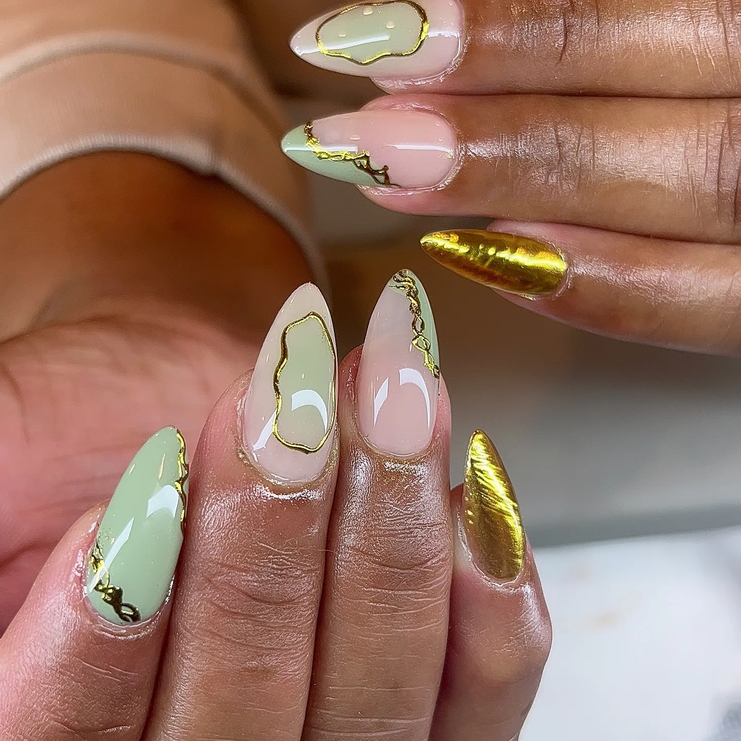 Sage Green and Gold Nails 