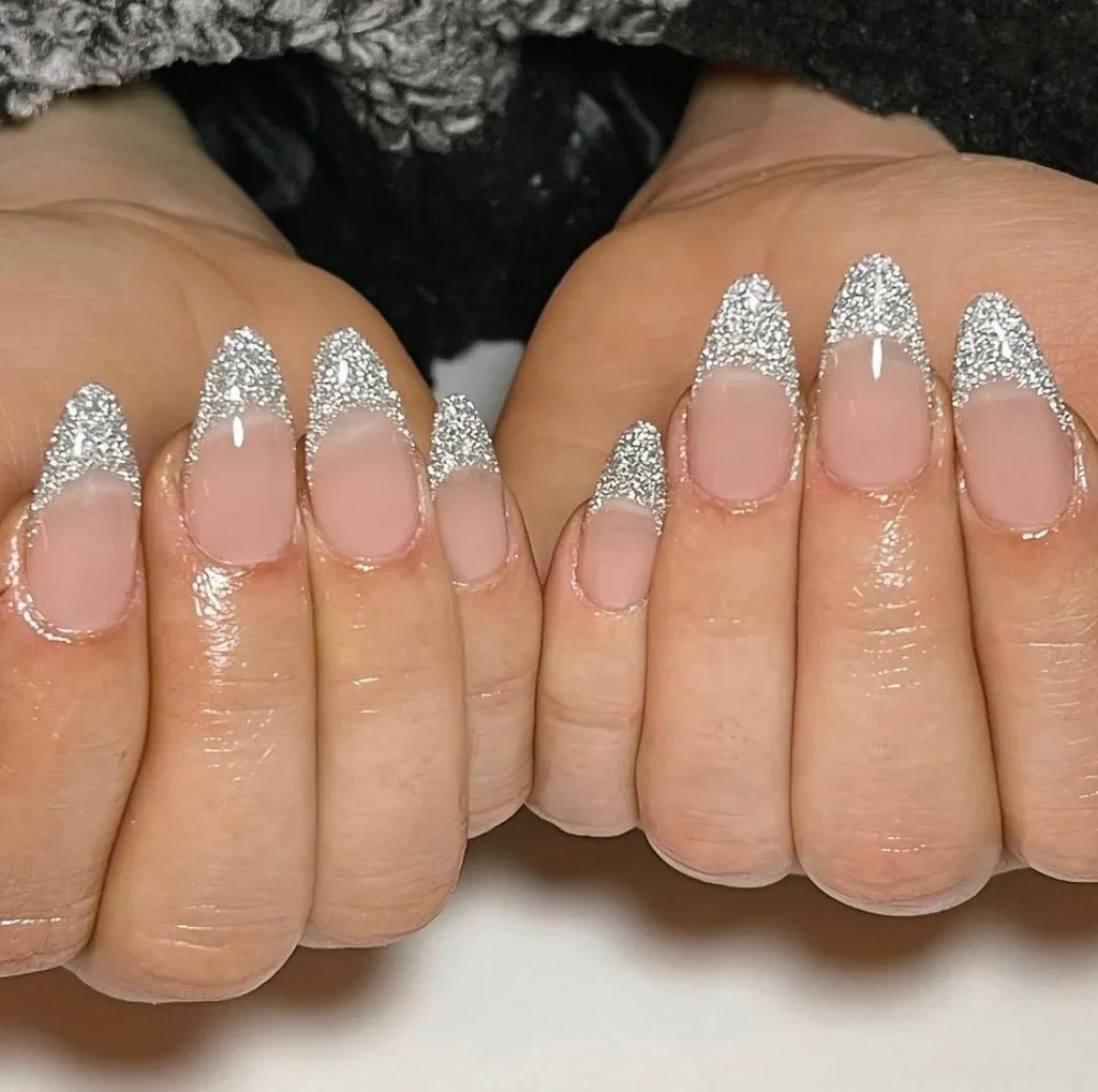 Silver Glitter Full-Coverage Almond Nails