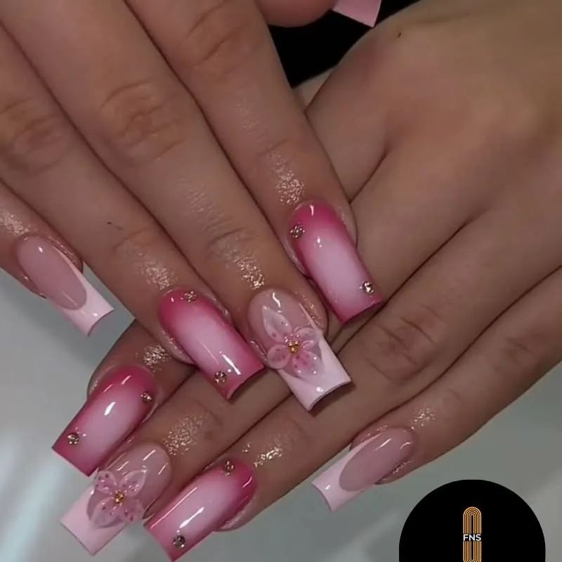 Pink Ombre Nails With Rhinestones Accents