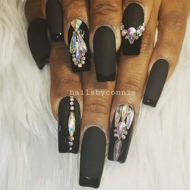 Black Nails with Rhinestones Accents