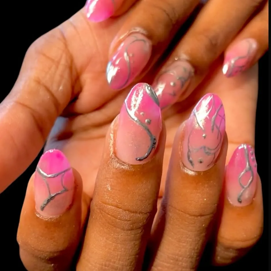 Pink Ombre Nails With Foil Accents
