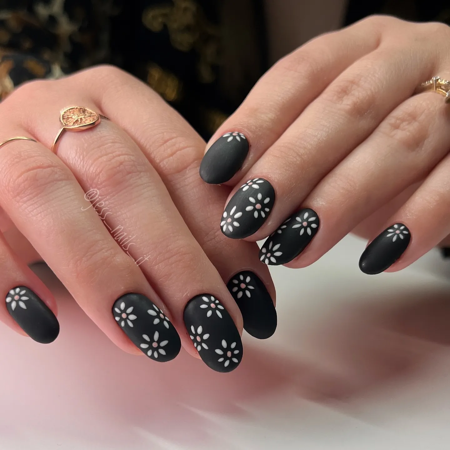 Matte Black Floral Nails