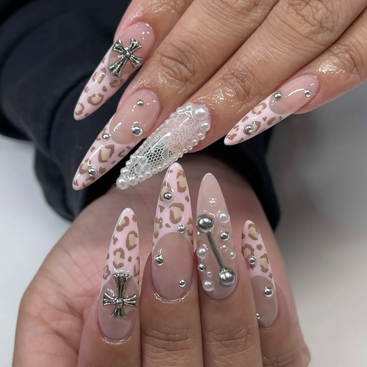Glitter Stiletto Nails with Lace Design