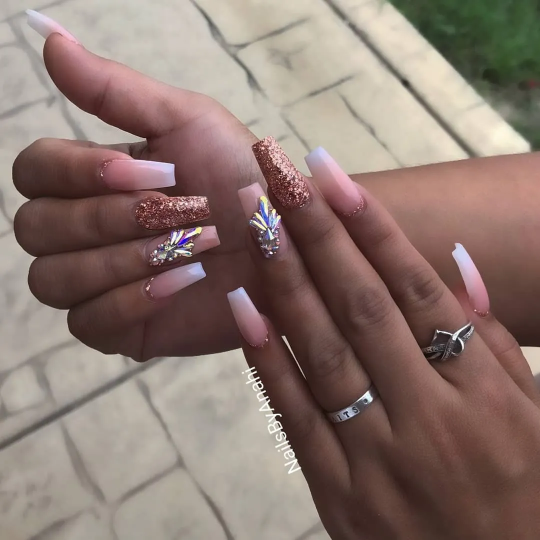 Rose Gold Nails with Rhinestones Effect