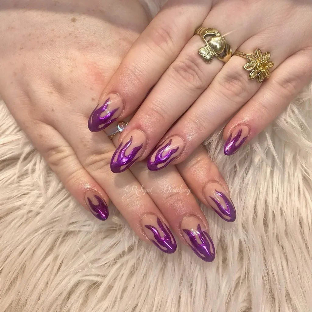 purple flame chrome nail art on nude long almond nails