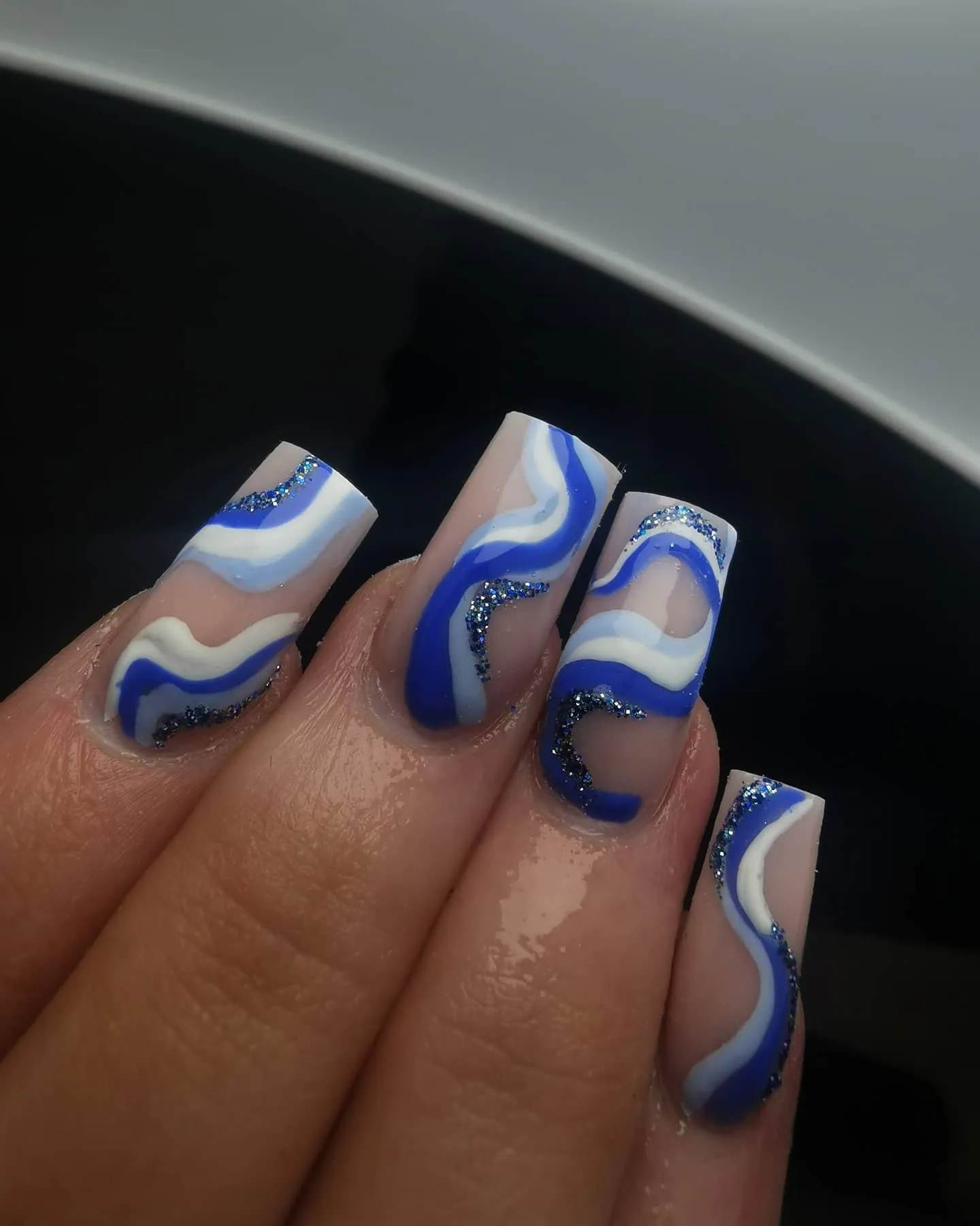 Swirl Blue Glitter Nails