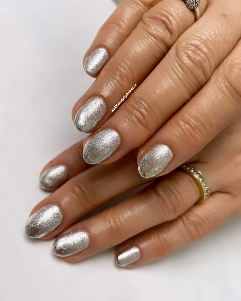 silver shimmer glitter almond acrylic nails