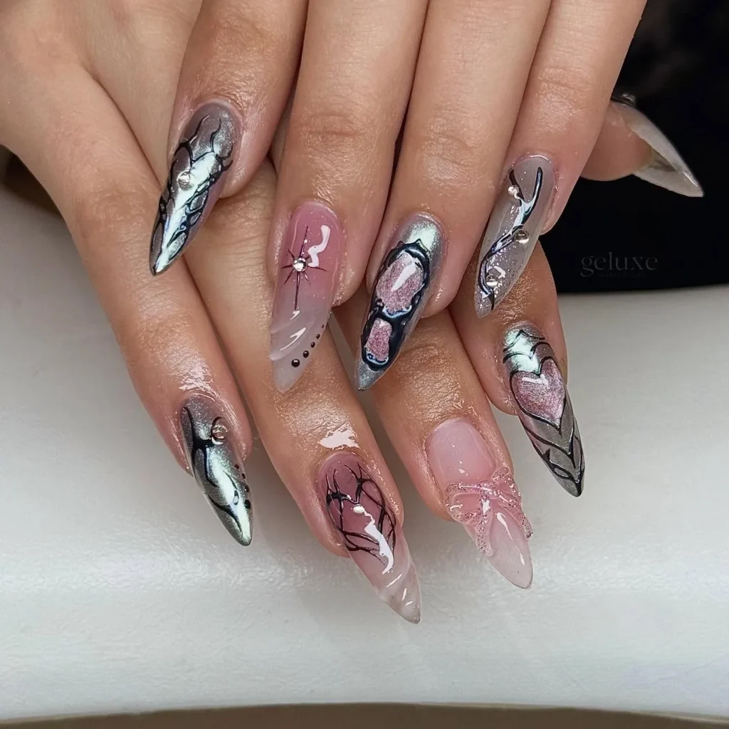 purple almond nails with fine metallic linework accents