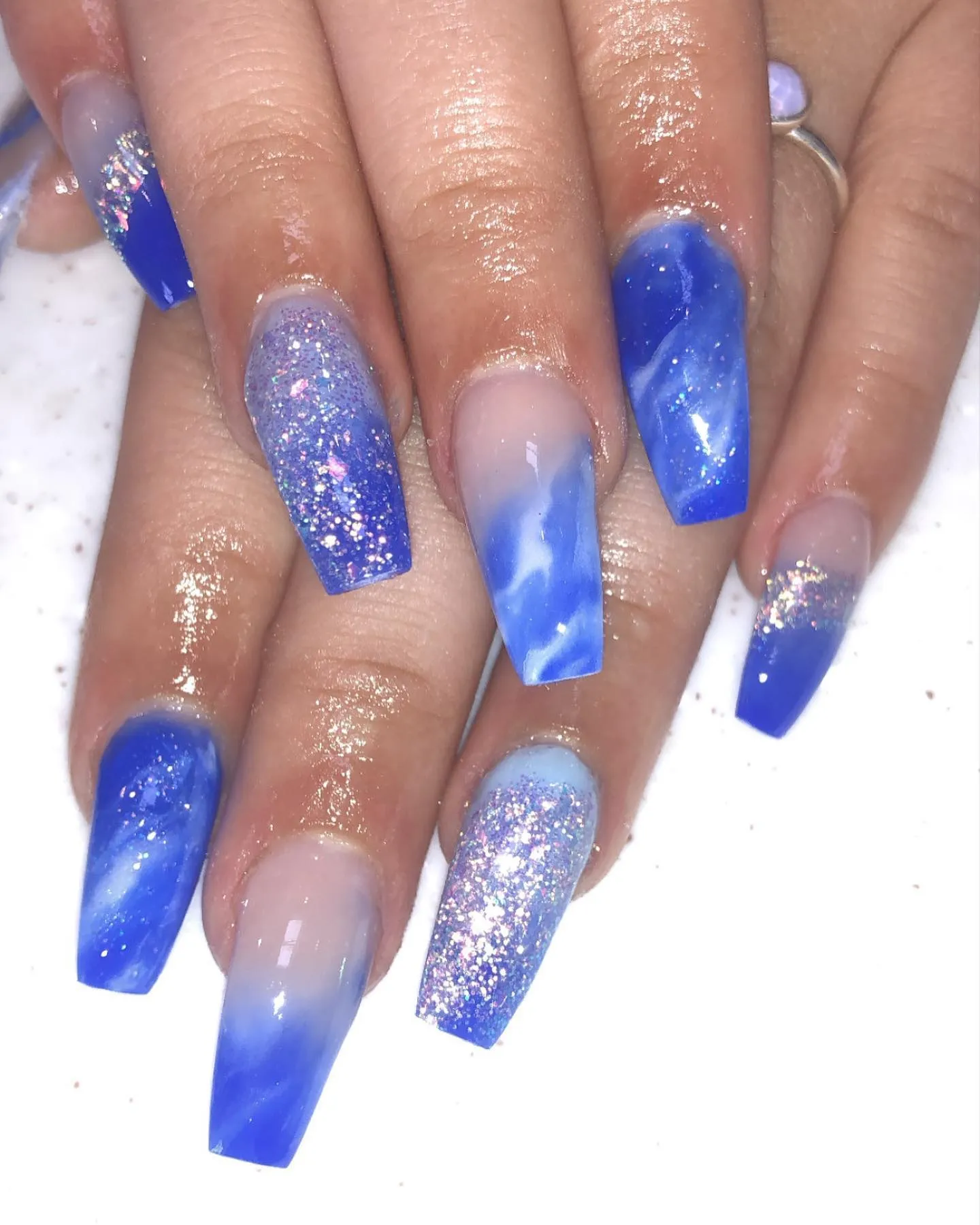 Marble Blue Glitter Nails