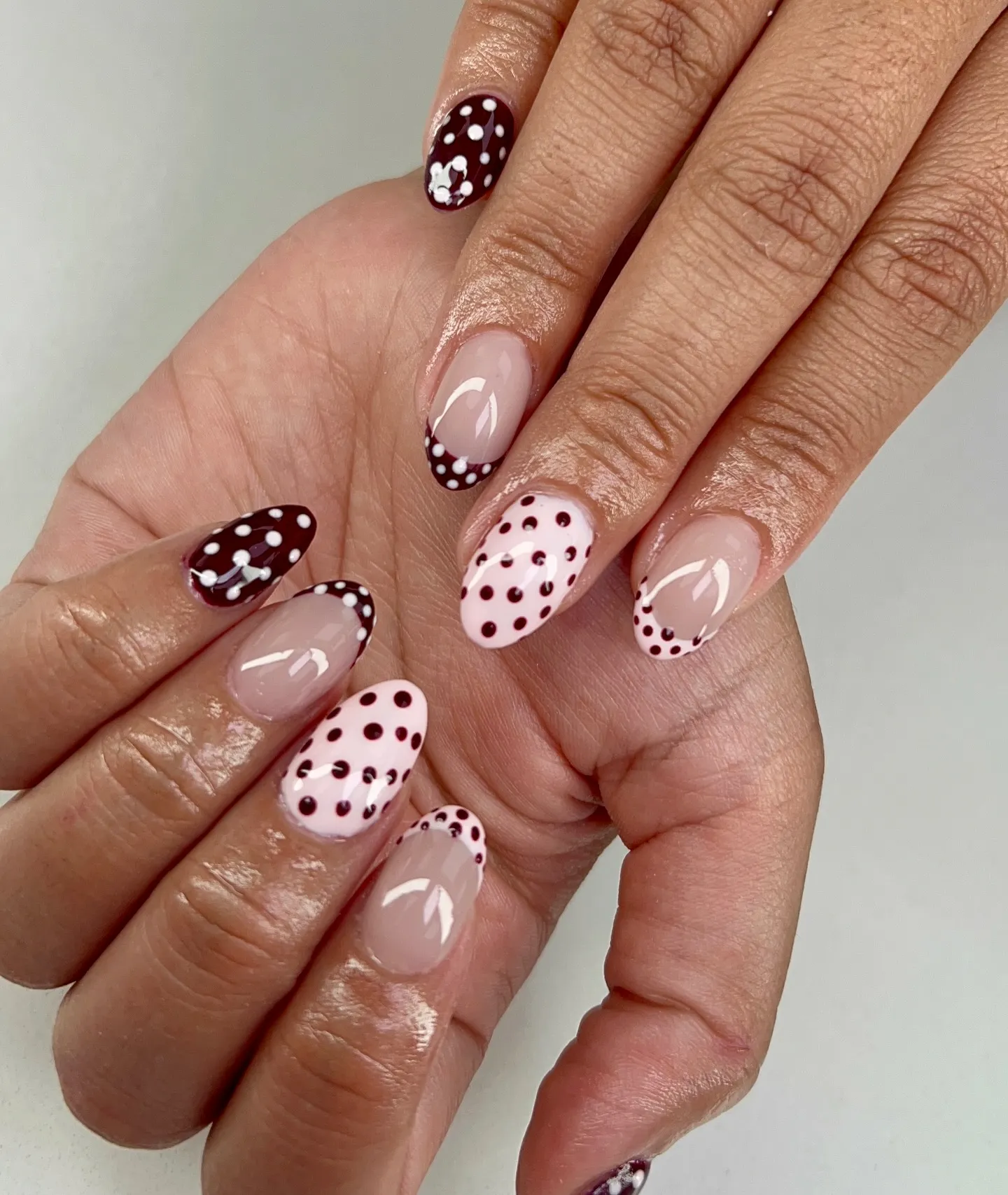 Pink Nails with Black Polka Dots
