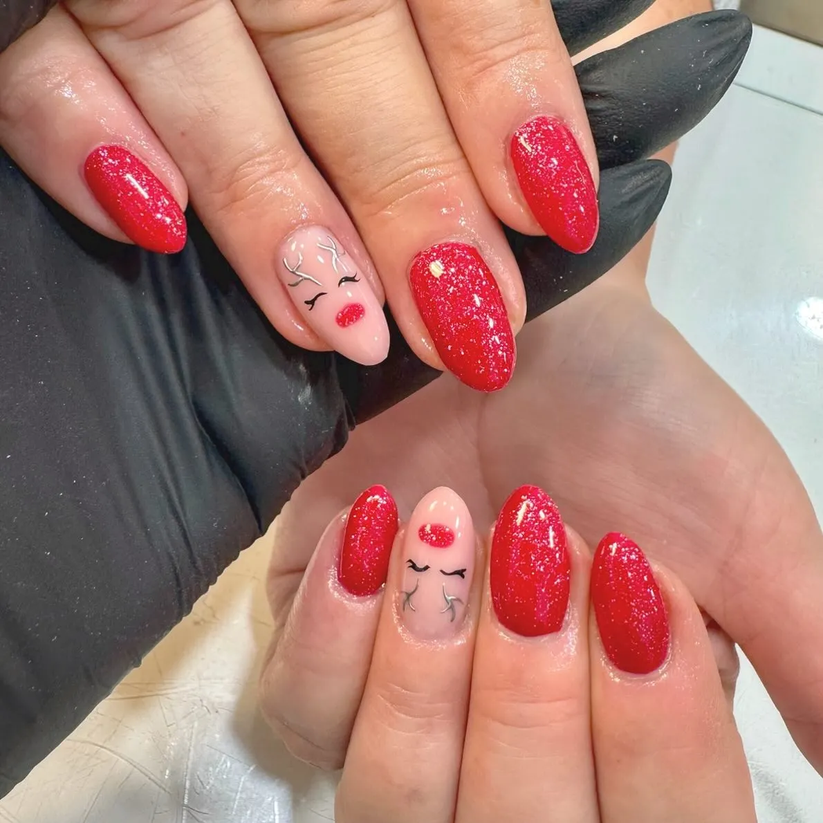 Red Glitter Almond Nails