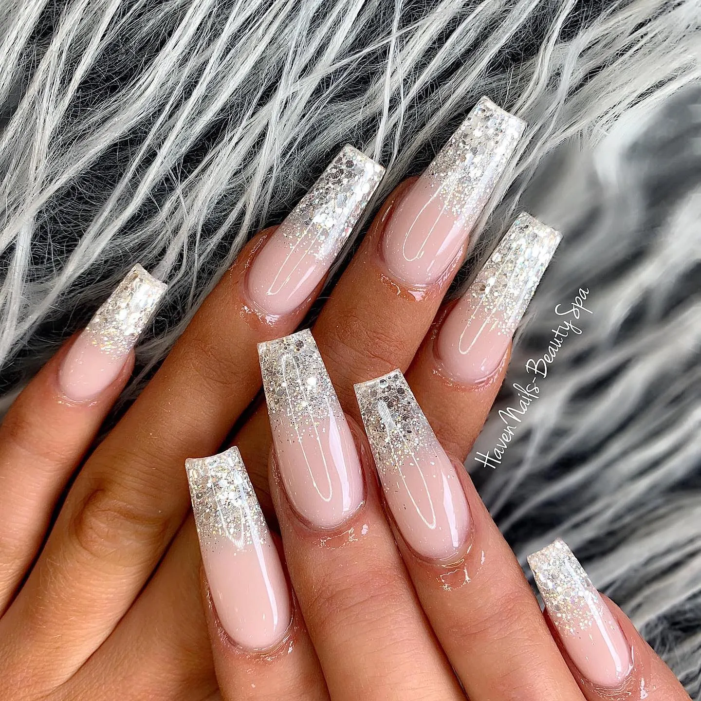White Glossy Coffin Glitter Nails