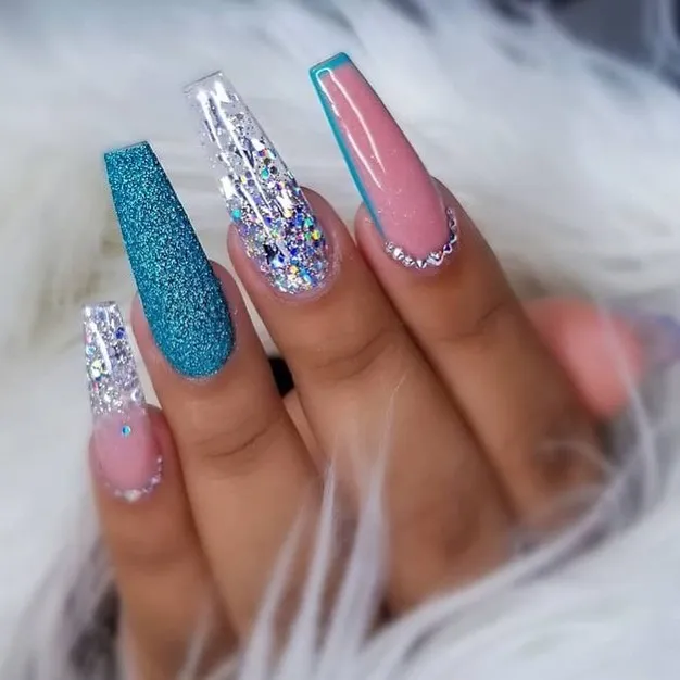 Blue Coffin Glitter Nails