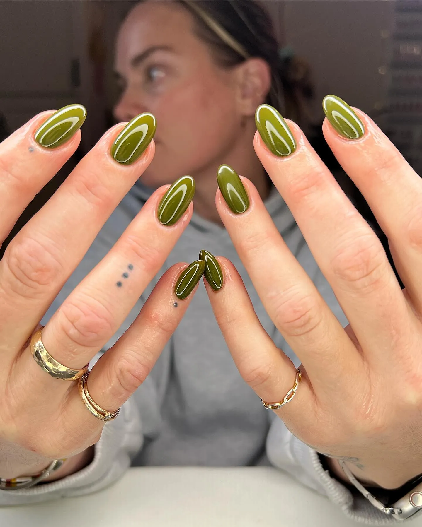 Olive Green Chrome Nails