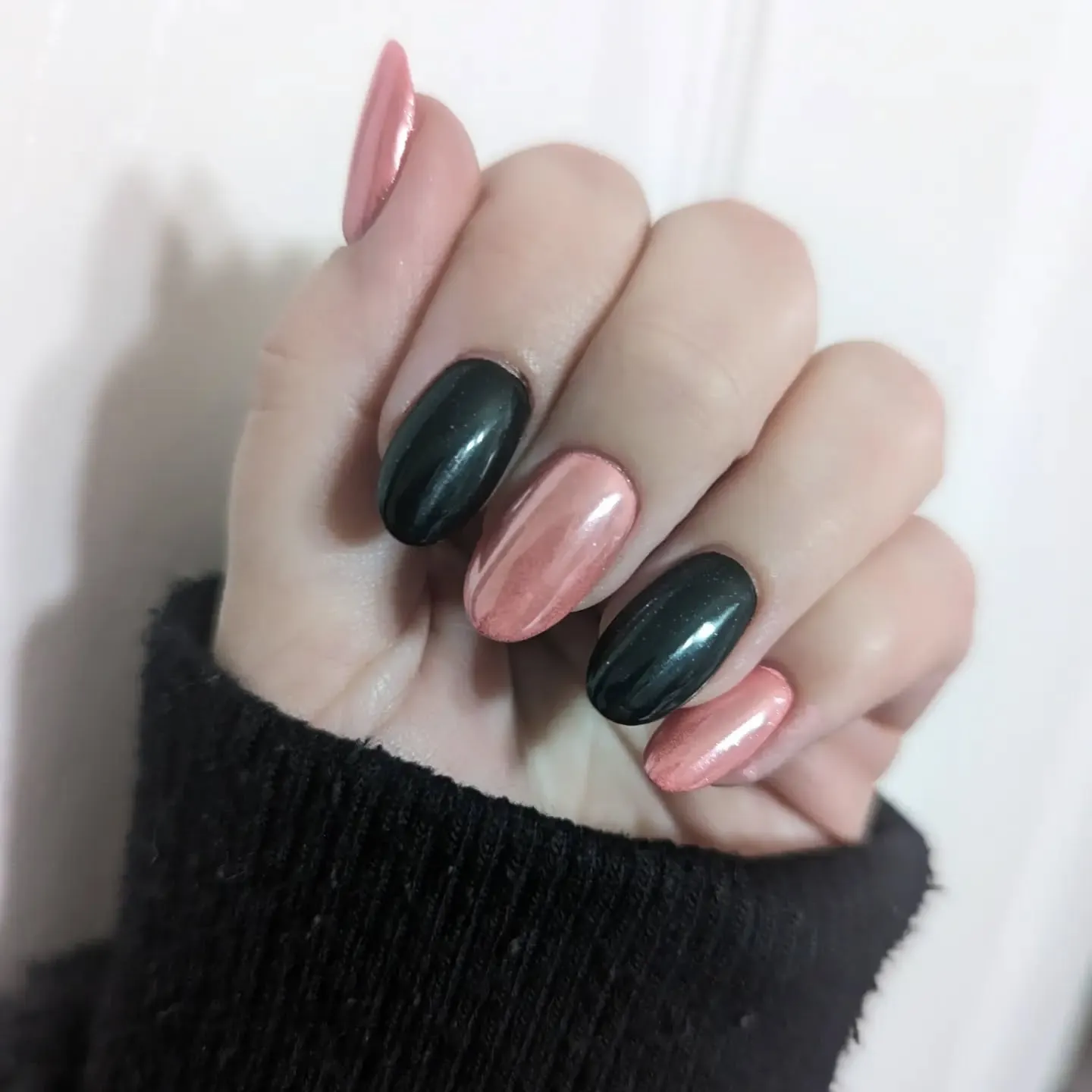Black Chrome Nails with Pink Accents