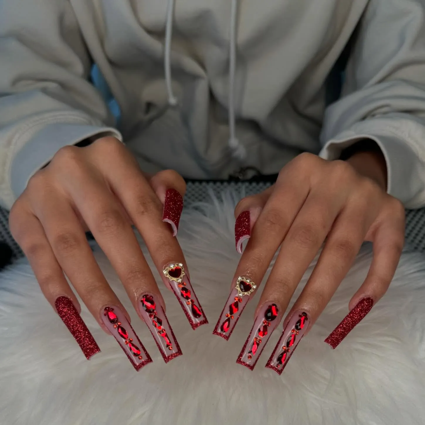 Red Glitter Nails with Rhinestones Accents