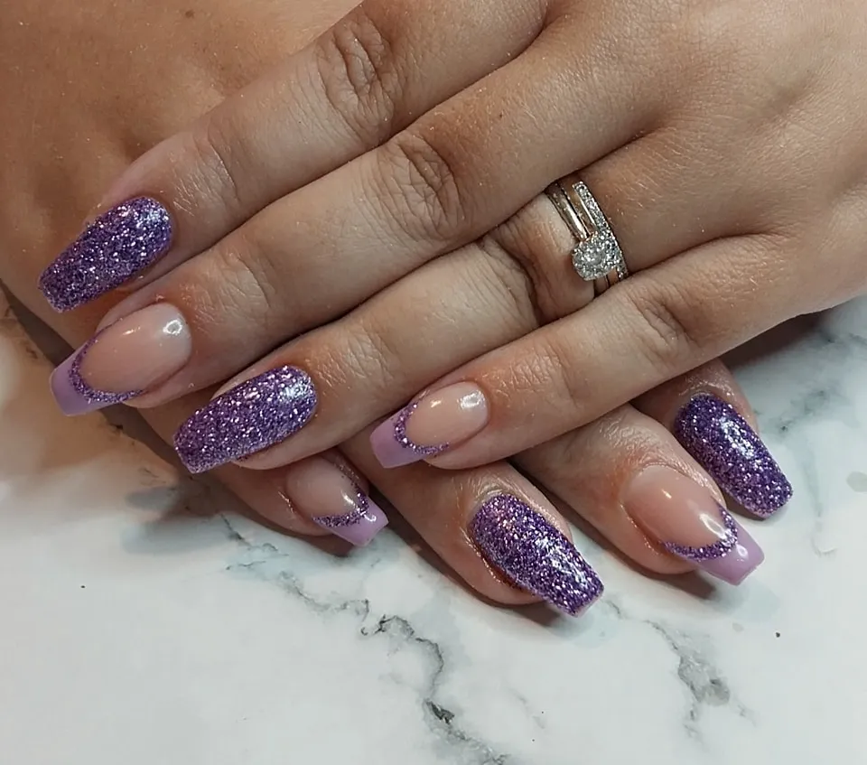 Purple Glitter Coffin Nails