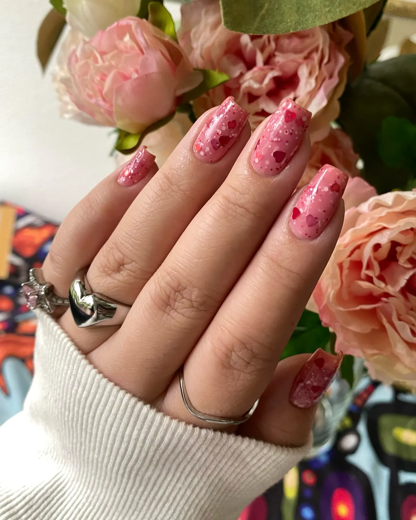 Pink Glittter Heart Nails