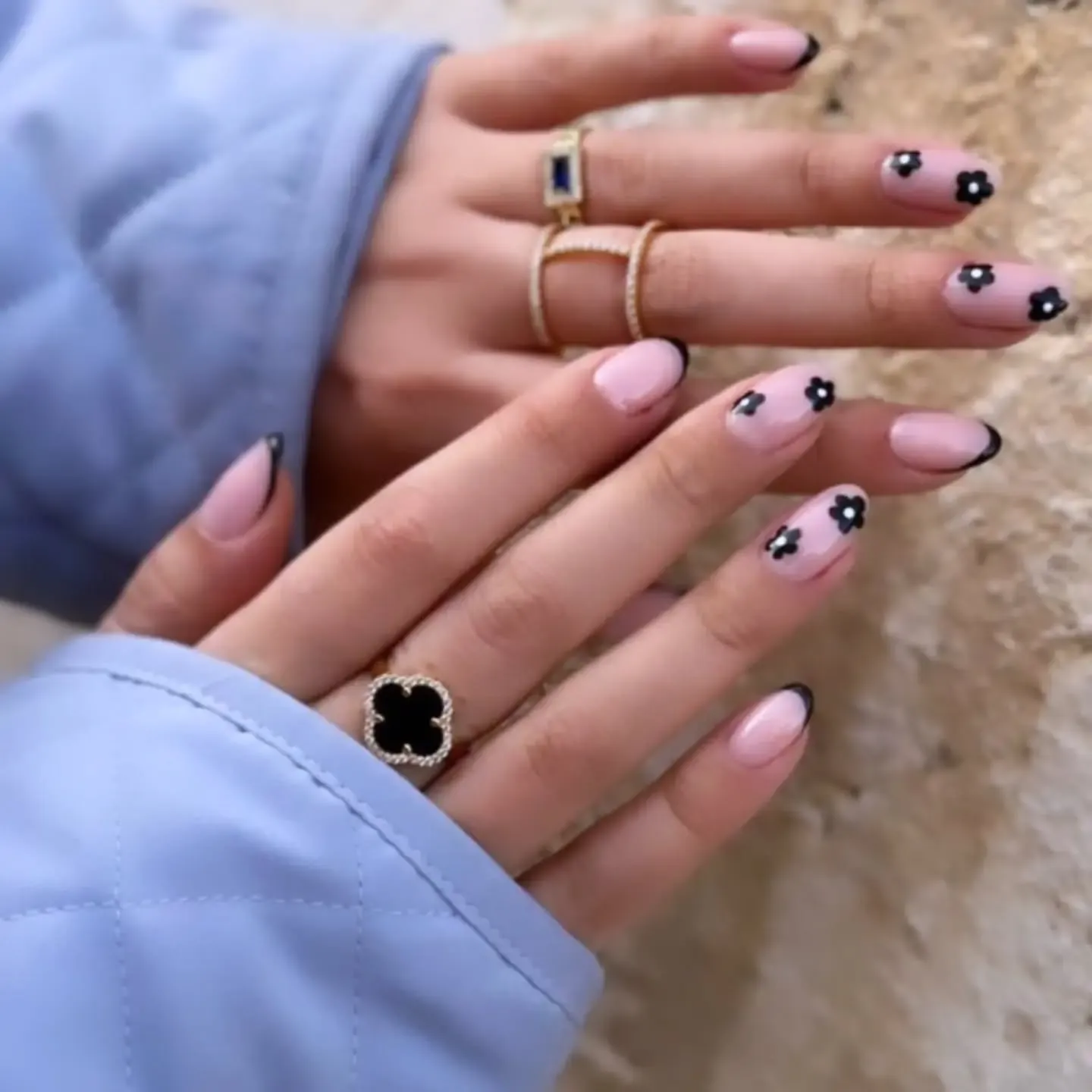 Pink Gel Nails with Black Floral Designs
