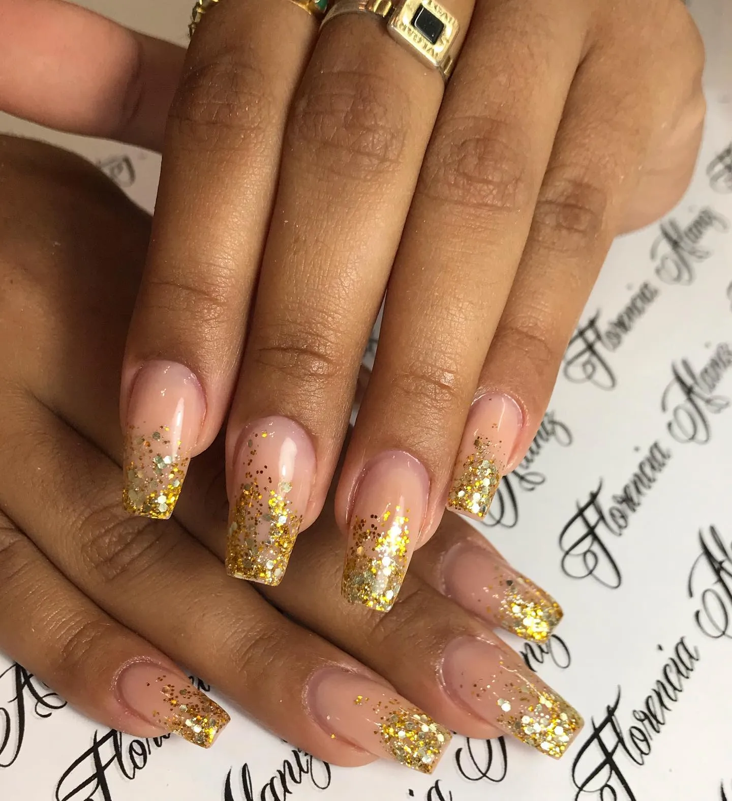Gold glitter dip nails