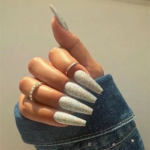 Silver Glitter Coffin Nails