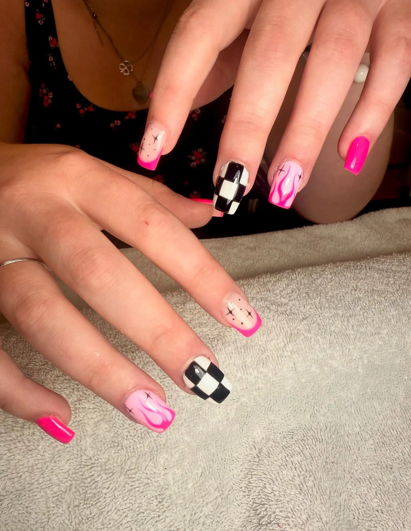 Pink and Black Checkered Nails