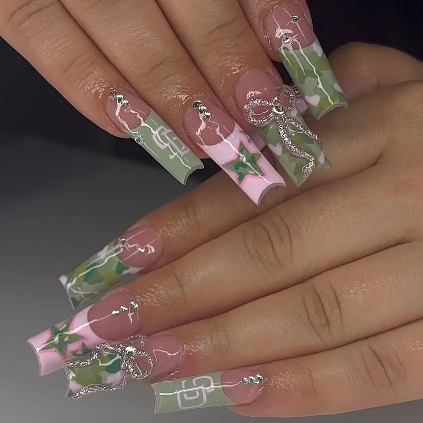 Sage Green Nails with Pink Accents