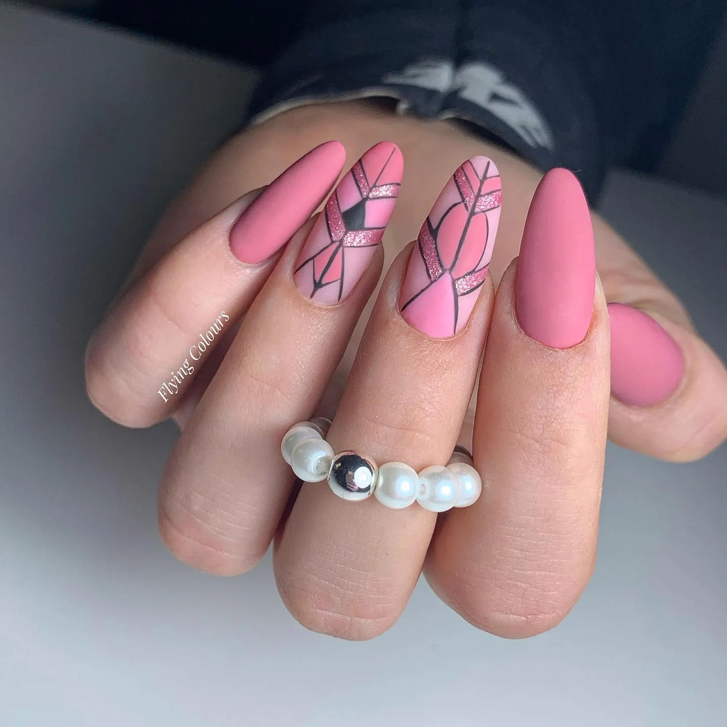 Pink Matte Nails with Black Glossy Stripes