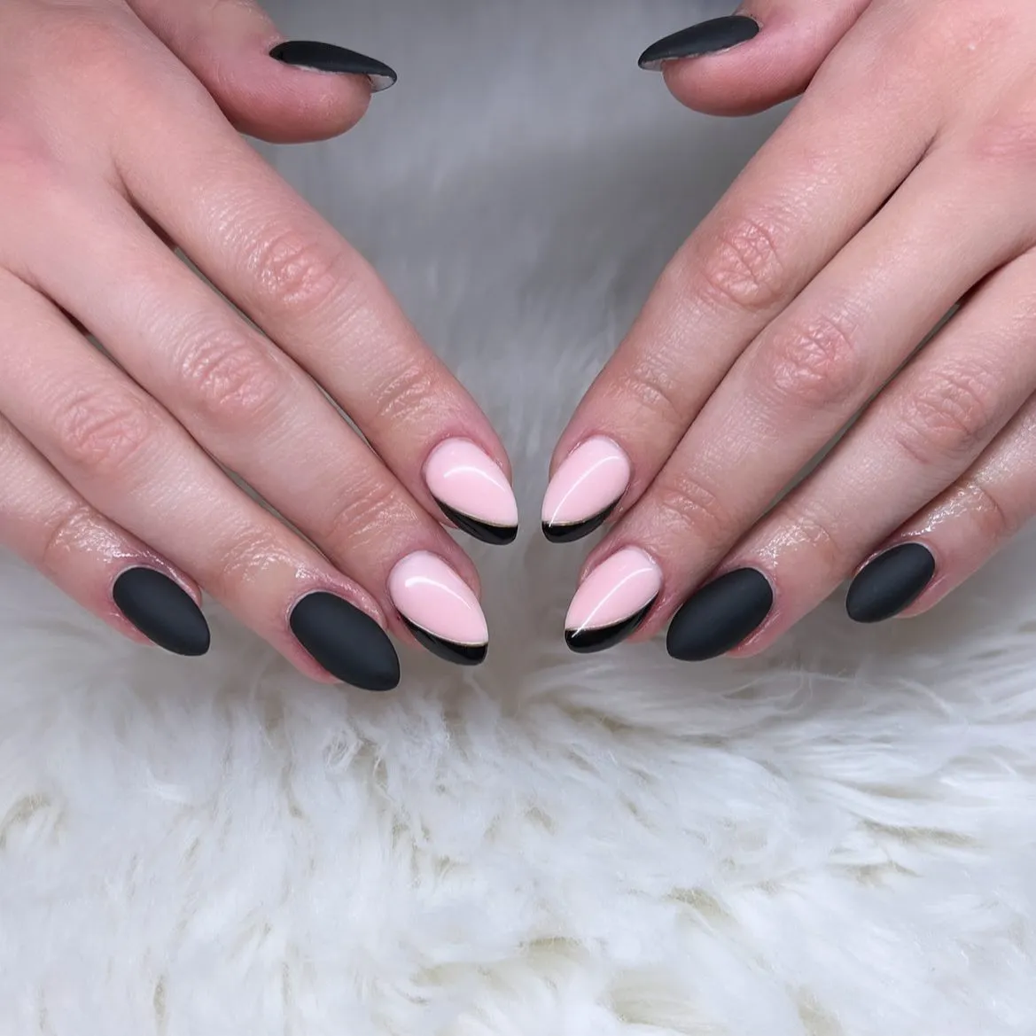 Matte Black Nails with Glossy Pink Accents