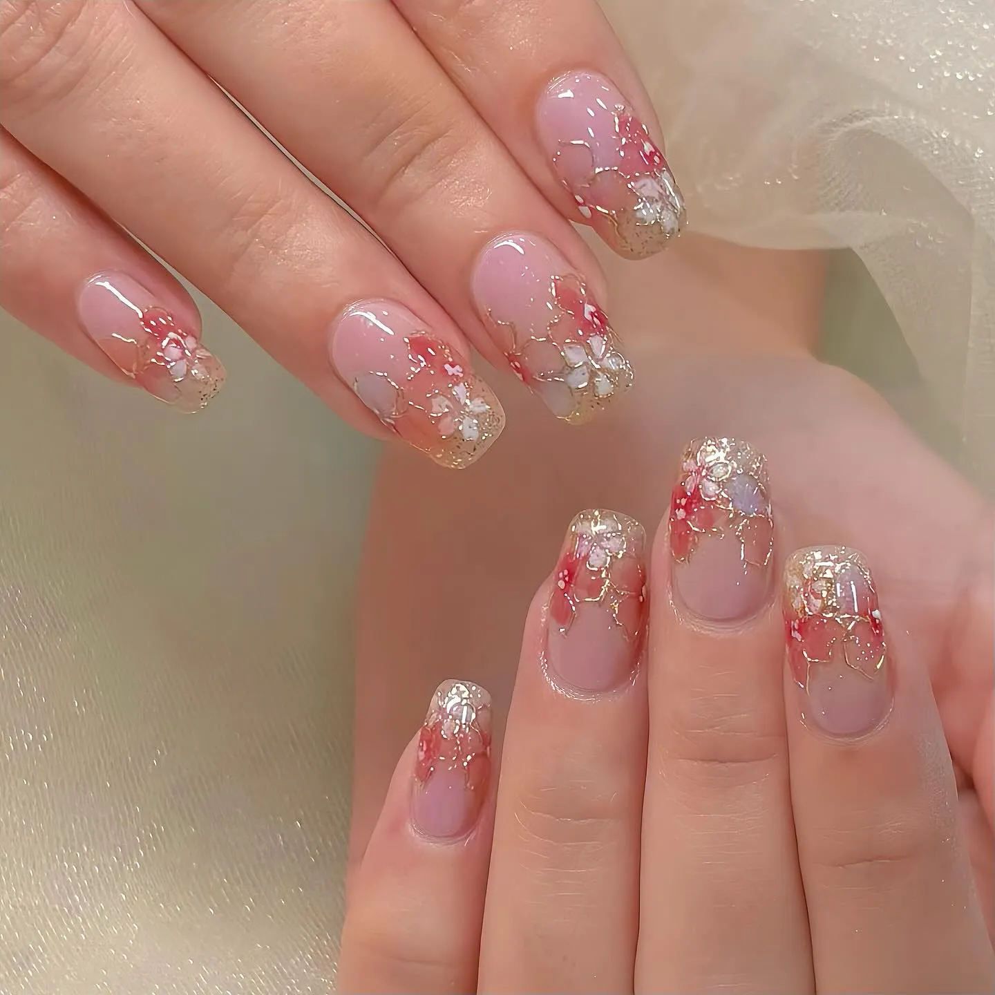 Pink Floral Glitter Nails