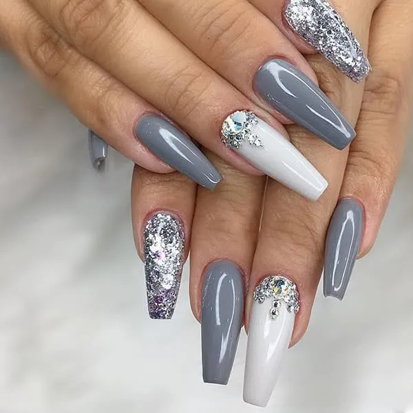 Grey Coffin Glitter Nails