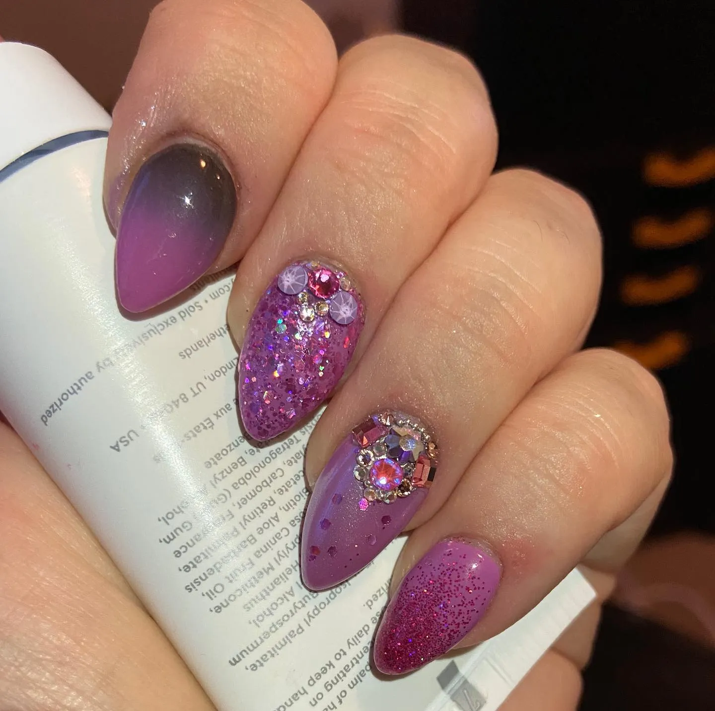 Pink and Black Sparkly Ombre Nails
