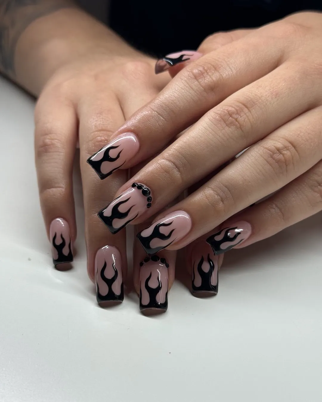 Black Chrome Nail Designs with Flames