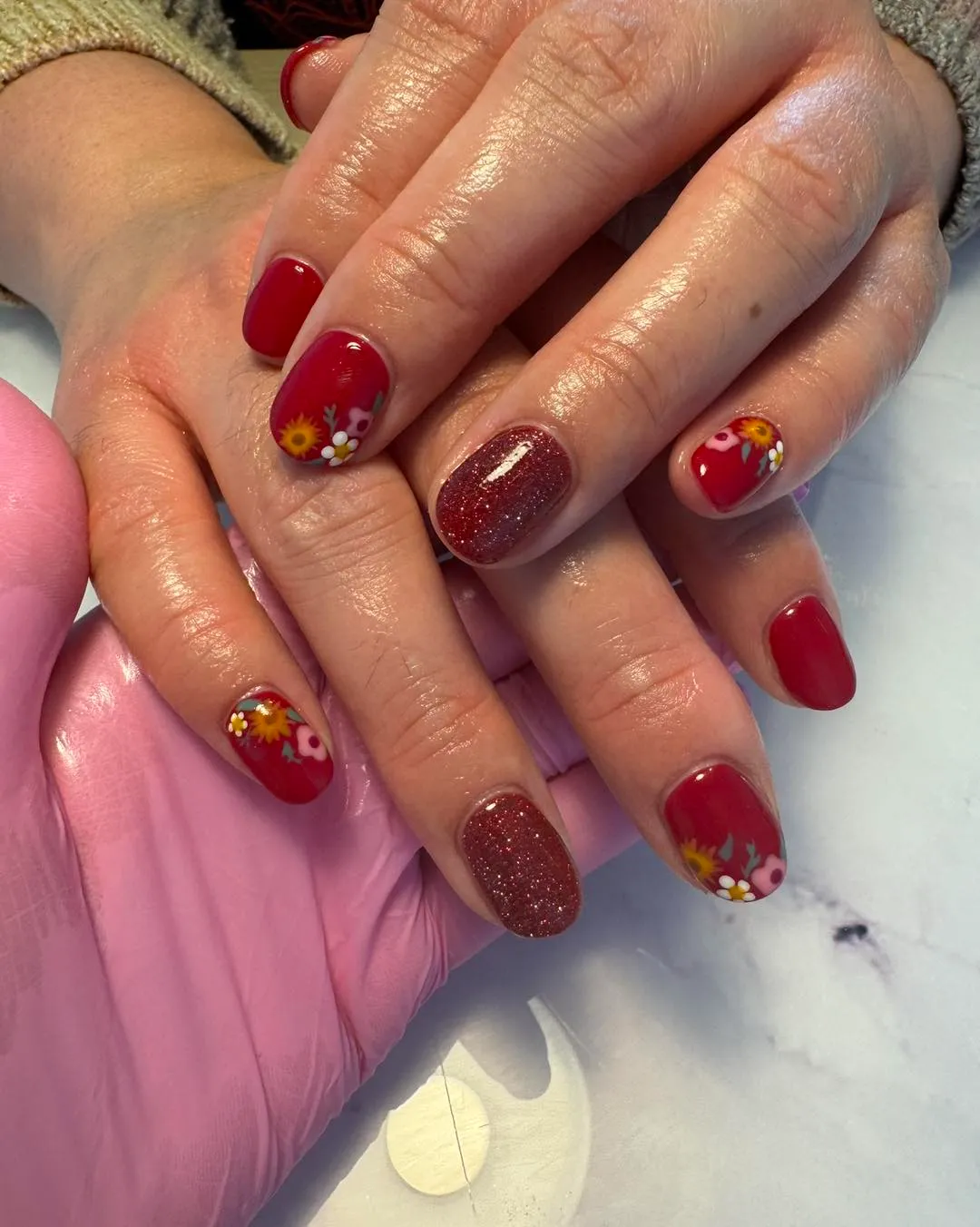 Red Glitter Floral Nails