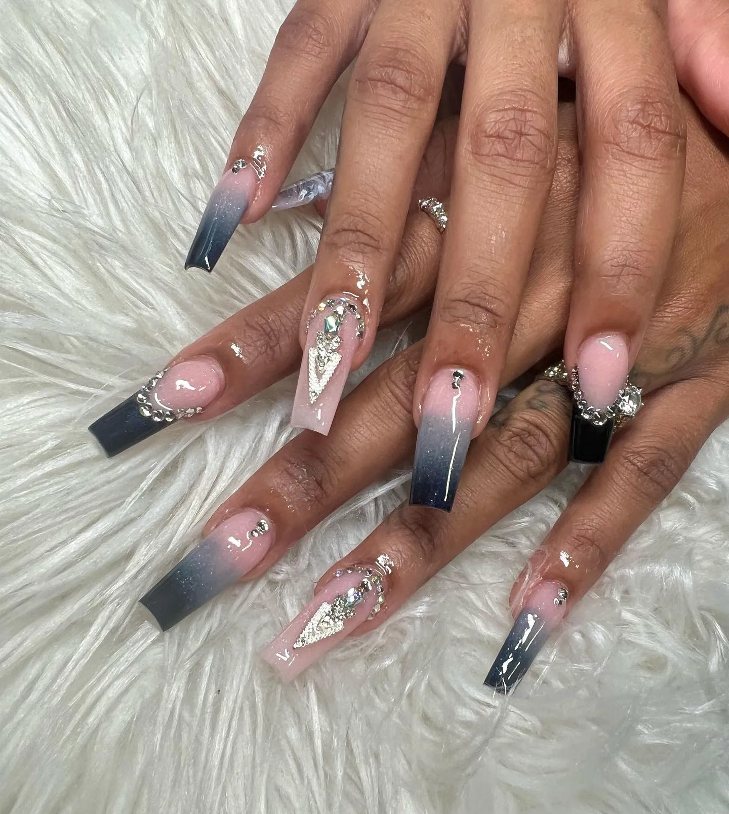 Pink Nails with Black Rhinestones