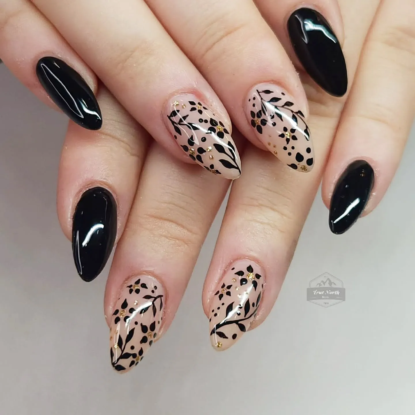 Floral Black and Chrome Acrylic Nails