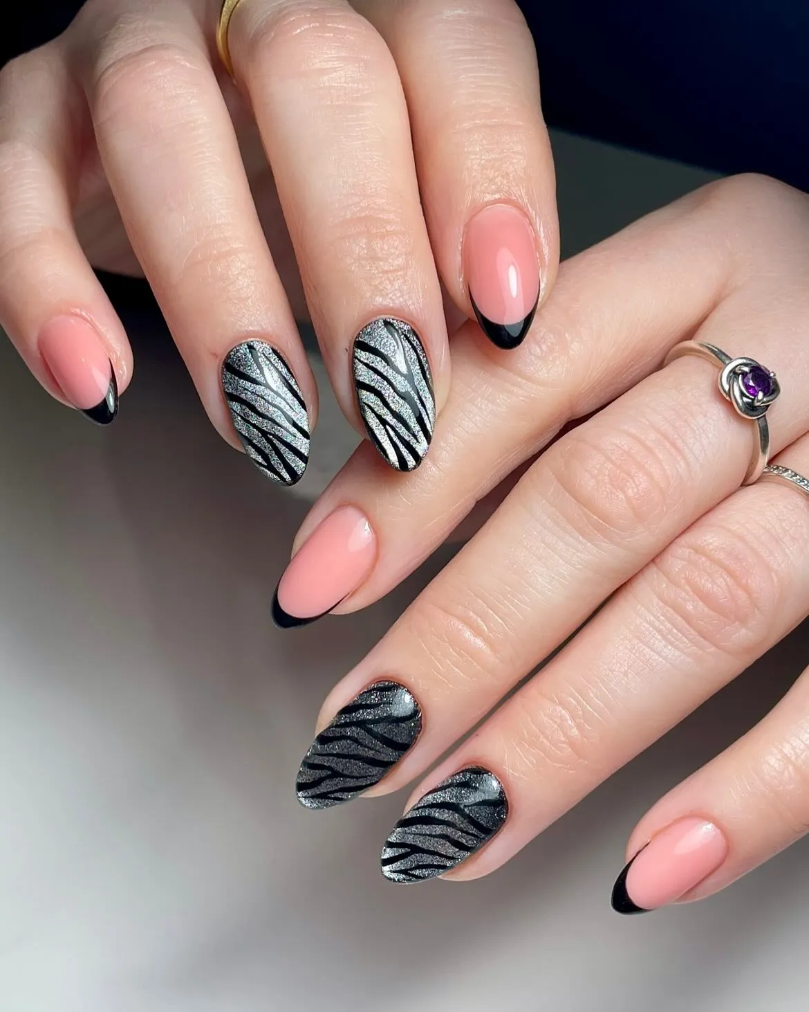 Animal Print Chrome Black Nails
