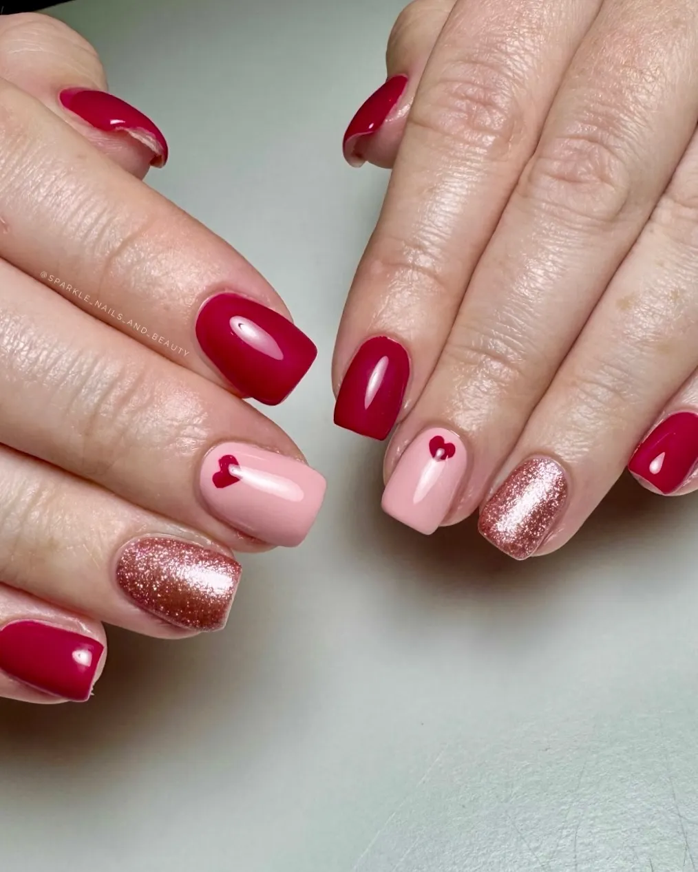 Pink and Red Glitter Nails